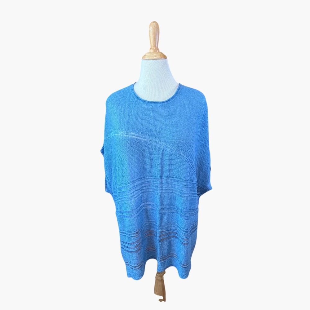 Truth + Style Womens XL Blue Open Knit Short Sleeve Boxy Crew Neck Top